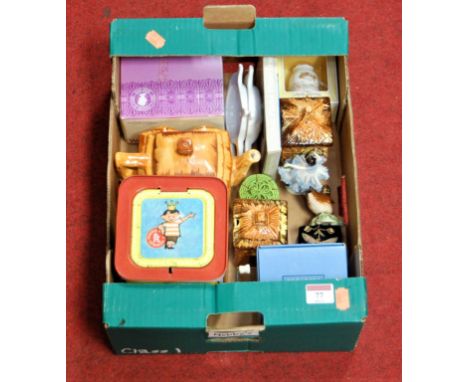 A box of miscellaneous items, to include tinplate Jack-in-the-box by Mattel, Cottageware teapot, Wedgwood glass etc