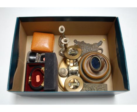 A box of miscellaneous items to include a set of brass scales and weights, pair of 19th century leather and marcasite set buc
