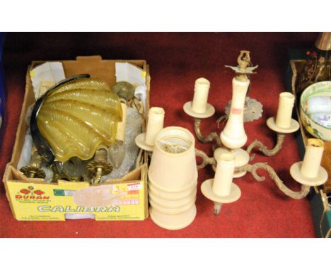 A collection of various 20th century light fittings to include an Art Deco style wall light in the shape of a clam shell, a c