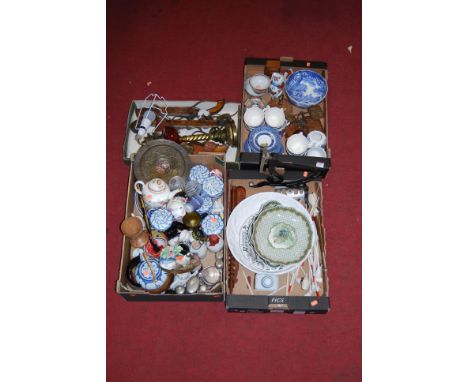 Four boxes containing various items to including brass postal scales, Spode Italian bowl, two pairs of early 20th century ice