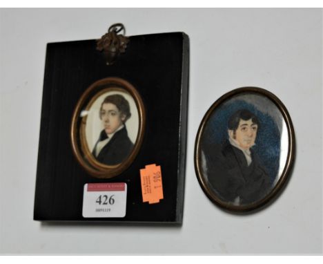 English school, 19th century, Three-length portrait miniature of a gentleman, watercolour on ivory, in ebonised surround, por