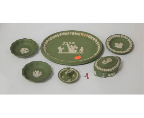 A small collection of Wedgwood green jasperware, to include ring tree, oval dish, trinket jar and cover etc