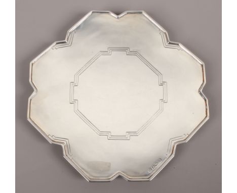An Art Deco silver card tray of notched canted square form and with engraved line detail by William Hutton &amp; Sons Ltd ass