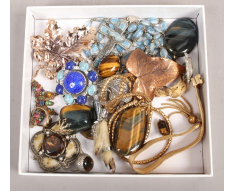 A box of vintage costume jewellery including pheasants foot brooch, tigers eye and rosary beads etc.