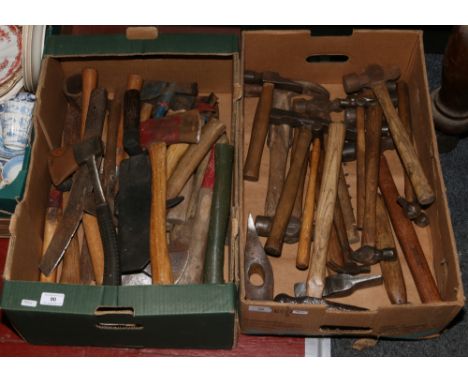 Two boxes of builders tools to include mainly hammers and hatches etc.