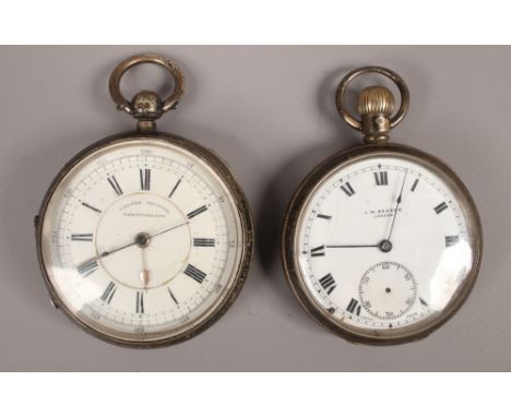 Two silver cased pocket watches including a centre seconds chronograph assayed Chester 1896 (running) the other with enamel d