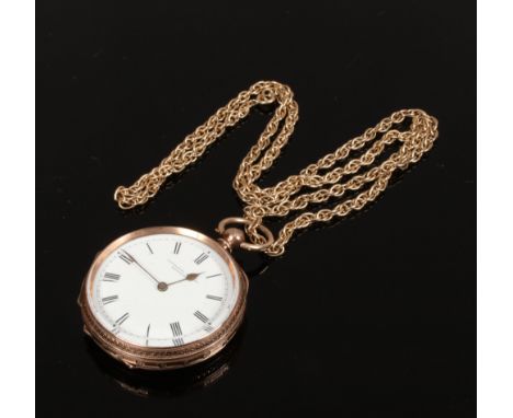 A yellow metal Fattorini &amp; Sons fob watch with white enamel dial and Roman numeral markers on yellow metal chain.Conditio