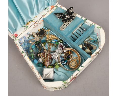 A jewellery box containing mixed costume jewellery including Concorde lapel pin etc.