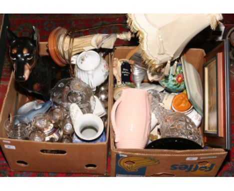 Two boxes of miscellaneous ceramics, glass and metalwares along with a large pottery Dobberman pincher dog, figural tablelamp