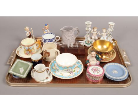 A tray of mostly collectable ceramics including Wedgwood Jasperware, Royal Worcester, Aynsley, Limoges, Minton, Samson pomage
