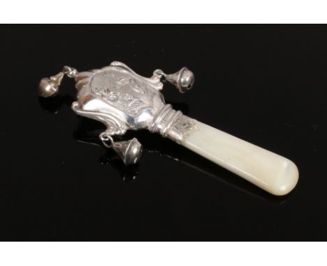 An Edwardian silver and mother of pearl babies rattle and teether, assayed Birmingham 1902.