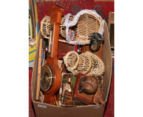 A box of wooden items to include ornaments, barometer, dolls chairs etc.
