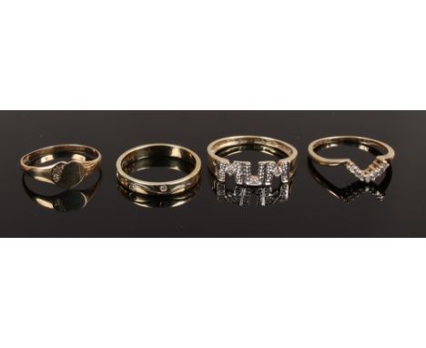Three 9ct gold diamond rings and a 9ct gold heart shaped signet ring, gross weight 4.96 grams.