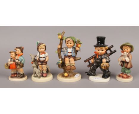 Five Hummel Goebel figures to include chimney sweep and shepherd boy, made in West Germany.