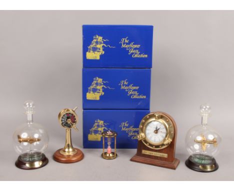 Three Mayflower glass collection five plates in bottles, three boxed along with a marine style clock, model engine room teleg
