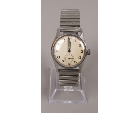 A military manual wristwatch with satin dial, Arabic numeral markers, subsidiary seconds and screw down back.Condition report