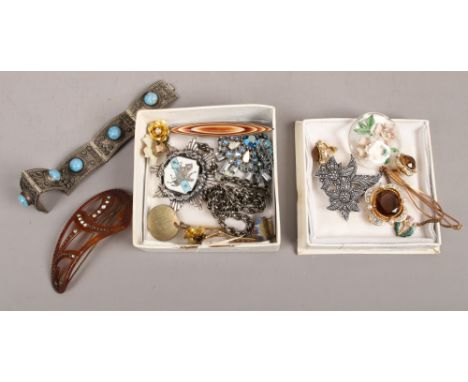 Two boxes of costume jewellery including marcasite brooch, earrings, white metal bracelet.