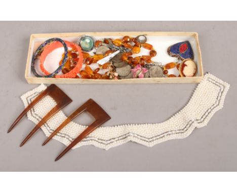 A box of costume jewellery coin bracelet, beads, pendants, bangles etc.