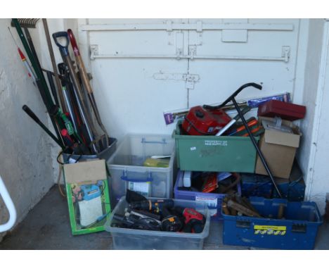 A large quantity of door fittings, hand tools, gardening tools and power tools, some in steel cantilever tool boxes, includin