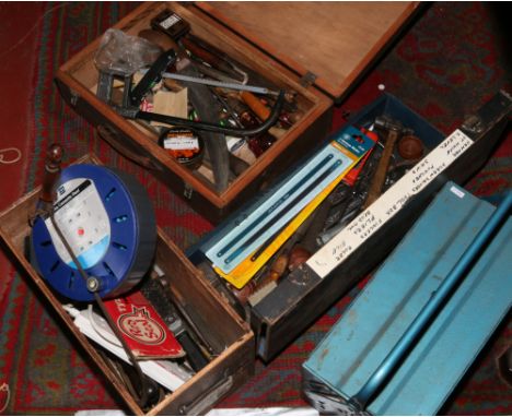 A cantilever tool box along with three wooden tool boxes and contents of hand tools to include Stanley plane, Fret and Tennon