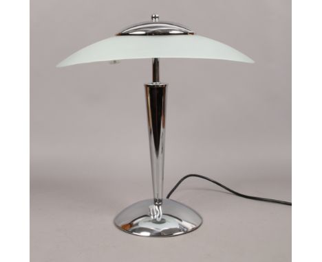 A Deco style chrome and opaque glass table lamp with dimmer switch.