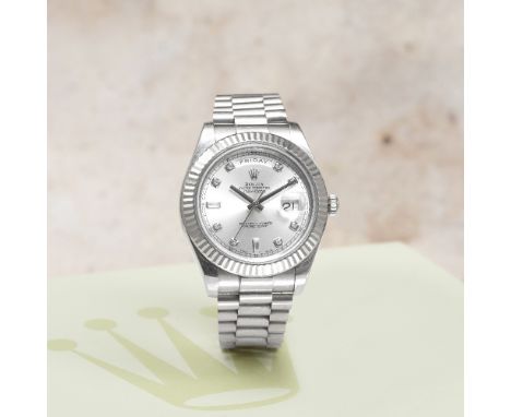Rolex. A fine 18K white gold diamond set automatic calendar bracelet watchModel: Day-Date IIReference: 218239Date: Purchased 