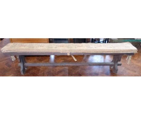Victorian pitch pine bench 230cm long complete with cushion. Condition report: see terms and conditions