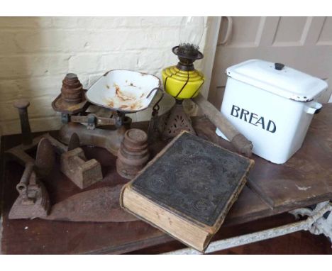 Set of kitchen scales, enamel bread bin, silage knife, oil lamp and family bible Condition report: see terms and conditions