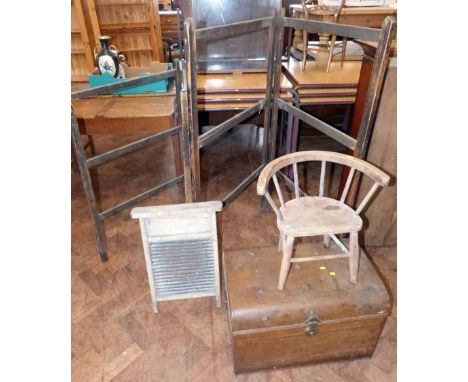 Tin trunk, wash board, two airers and a child's elm chair. Condition report: see terms and conditions