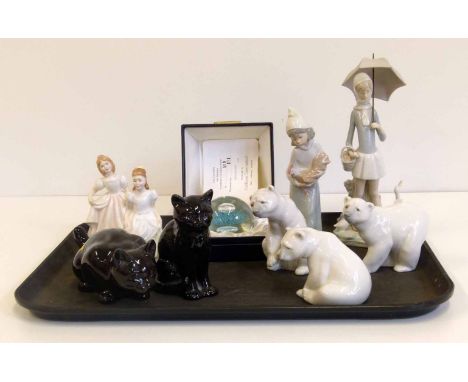 Two Lladro figures of ladies, three polar bears, two Sylval cats, two Royal Doulton figures and Caithness paperweight Conditi