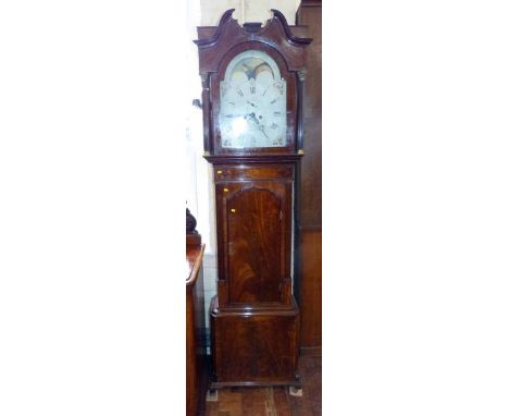19th century mahogany and inlaid longcase clock with enamel dial and rolling moon (Jos. Potts & Son, Colborne). Condition rep