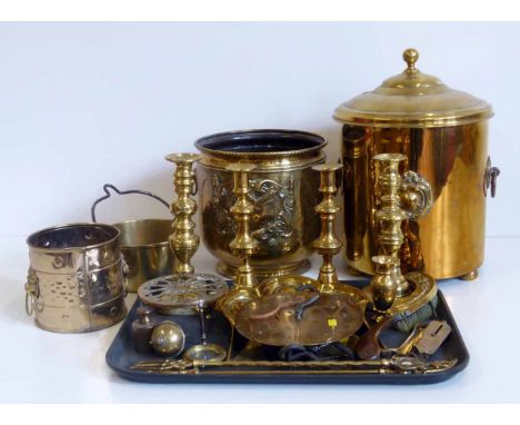 Two pairs of brass candlesticks, set of Salter's 41lb scales, brass trivet, brass crumb scoop and brush and a brass jam kettl