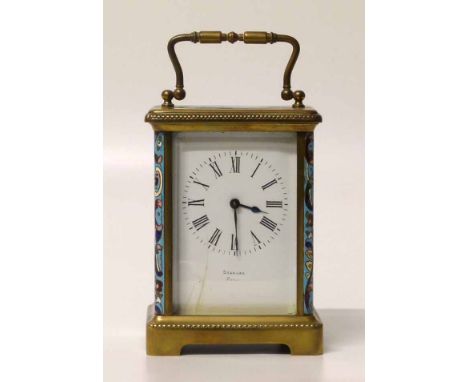 Brass carriage clock inset with Cloisonne decoration by Scanlan, Paris  Condition report: see terms and conditions
