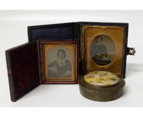 Two Daguerreotype portrait photographs and an indian patch box. Condition report: see terms and conditions