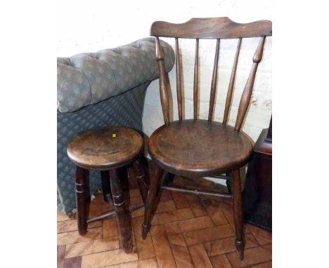 Elm kitchen chair, elm stool and firescreen/table. Condition report: see terms and conditions