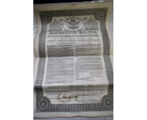 SHARE CERTIFICATES: Republic of Bolivia 1872 £100 Government Loan Bond Certificates (100)