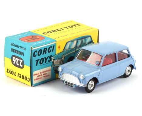 A Corgi Toys 226, Morris Mini Minor, blue body with red interior and spun hubs, boxed.Condition Report:  Both car and box in 