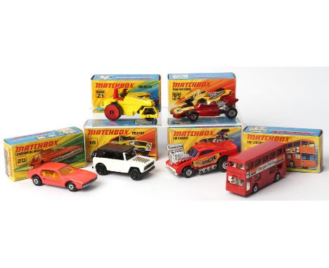Six Matchbox Superfast die-cast vehicles comprising ; 17 The Londoner, 18 Field Car, 20 Lamborghini Marzal, 21 Rod Roller, 24