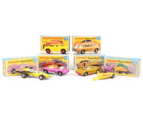Six Matchbox Superfast die-cast vehicles comprising ; 18 Field Car, 22 Freeman Inner-City Commuter, 38 Honda Motorcycle with 