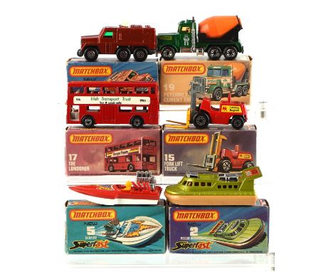 Six Matchbox Superfast die-cast vehicles comprising ; 2 Rescue Hovercraft, 5 Seafire, 15 Fork Lift Truck, 17 The Londoner, 16