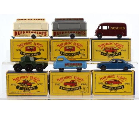 Six Matchbox Moko Lesney die-cast vehicles comprising ; 60 Morris J2 Pickup, 67 'Saladin' Armoured Car, 65 Jaguar 3.4 Litre, 