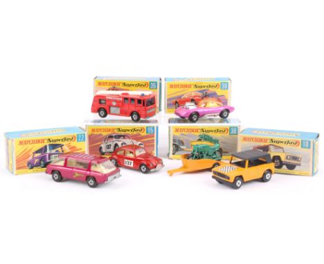 Six Matchbox Superfast die-cast vehicles comprising ; 15 Volkswagen, 18 Field Car, 22 Freeman Inner-City Commuter, 38 Honda M