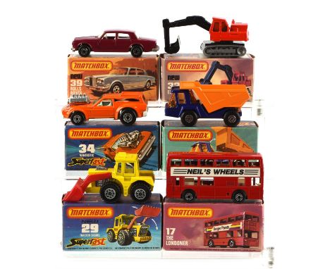 Six Matchbox Superfast die-cast vehicles comprising ; 17 The Londoner, 23 Atlas Truck, 29 Tractor Shovel, 32 Excavator, 34 Va
