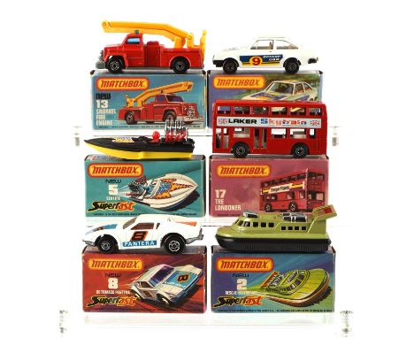 Six Matchbox Superfast die-cast vehicles comprising ; 2 Rescue Hovercraft, 5 Seafire, 8 De Tomaso Pantera, 9 Ford RS2000, 13 