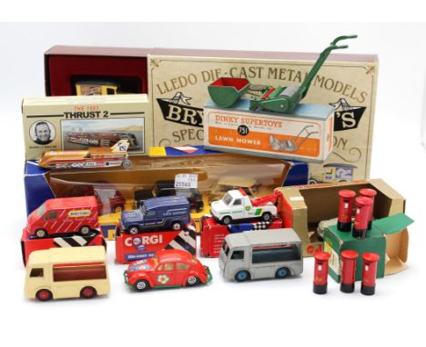 A small quantity of die-cast vehicles and accessories including ; Dinky Supertoys 751 Lawn Mower, boxed, Dinky 760 Pillar box