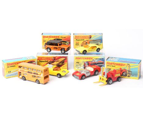 Six Matchbox Superfast die-cast vehicles comprising ; 1 Mod Rod, 15 Fork Lift Truck, 17 The Londoner, 18 Field Car, 19 Road D