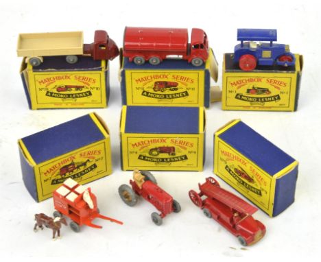 Six Matchbox Moko Lesney die-cast vehicles comprising ; 1 Aveling Barford Road Roller, 4 Massey Harris Tractor, 7 Horse Drawn