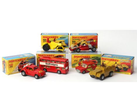 Six Matchbox Superfast die-cast vehicles comprising ; 17 The Londoner, 21 Rod Roller, 24 Team Matchbox, 28 Stoat, 29 Racing M