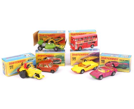 Six Matchbox Superfast die-cast vehicles comprising ; 17 The Londoner, 21 Rod Roller, 24 Team Matchbox, 29 Racing Mini, 32 Ma