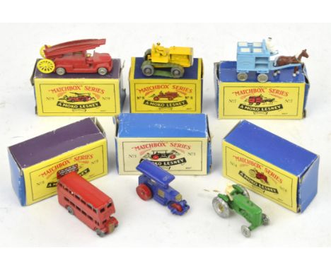 Six Matchbox Moko Lesney die-cast vehicles comprising ; 1 Aveling Barford Road Roller, 4 Massey Harris Tractor, 5 Double Deck